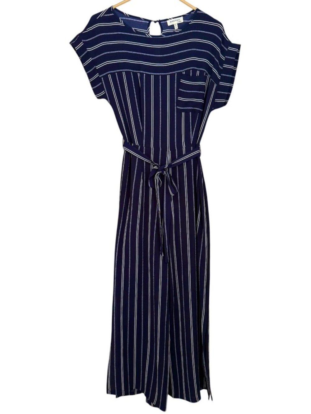 Monteau Los Angeles Stripe Wide Leg Jumpsuit M Navy Belted Coastal Nautical Boho